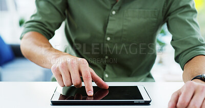 Buy stock photo Connection, man and hands typing on tablet for social media scroll, streaming subscription and research. Person, digital technology and online for communication, reading ebook or application update