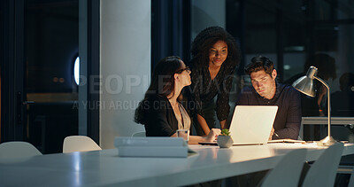 Buy stock photo Business people, night and discussion with laptop, planning and brainstorming for legal project and research. Lawyer, consultant and employee with meeting, proposal and deadline idea for case notes