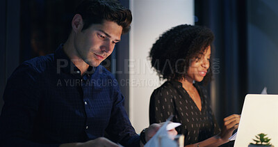 Buy stock photo Business man, night and deadline with documents, planning and brainstorming for legal project and research. Lawyer, consultant and employee with meeting, proposal and coworking idea for case notes