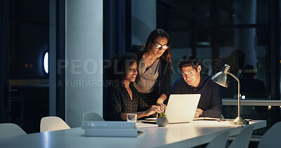 Buy stock photo Business people, night and proposal with laptop, planning and brainstorming for legal project and research. Lawyer, consultant and employee with meeting, discussion and deadline idea for case notes