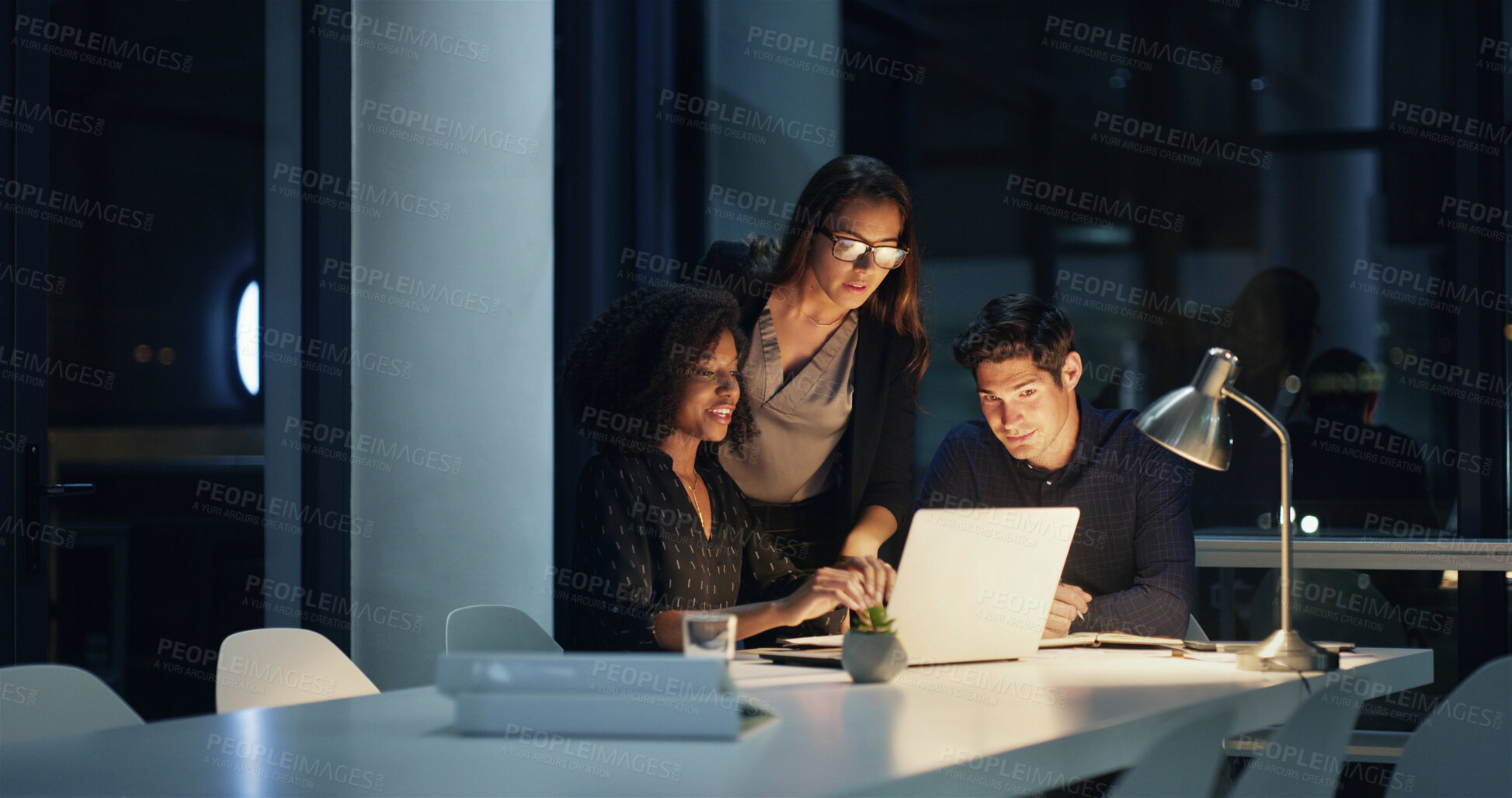 Buy stock photo Business people, night and proposal with laptop, planning and brainstorming for legal project and research. Lawyer, consultant and employee with meeting, discussion and deadline idea for case notes