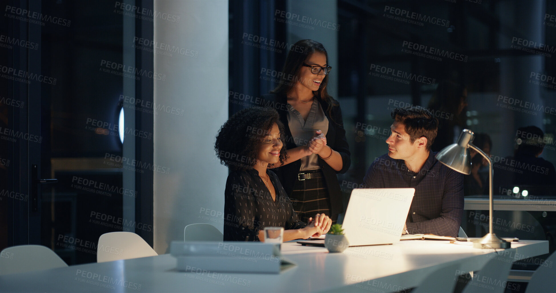 Buy stock photo Business people, night and happy with discussion, planning and brainstorming for legal project and research. Lawyer, consultant and employee with meeting, proposal and deadline idea for case notes