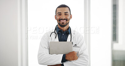 Buy stock photo Healthcare, portrait and doctor with tablet, hospital and man with diagnosis for sickness and smile. Clinic, medical professional and person with app for prescription, info or research for medication