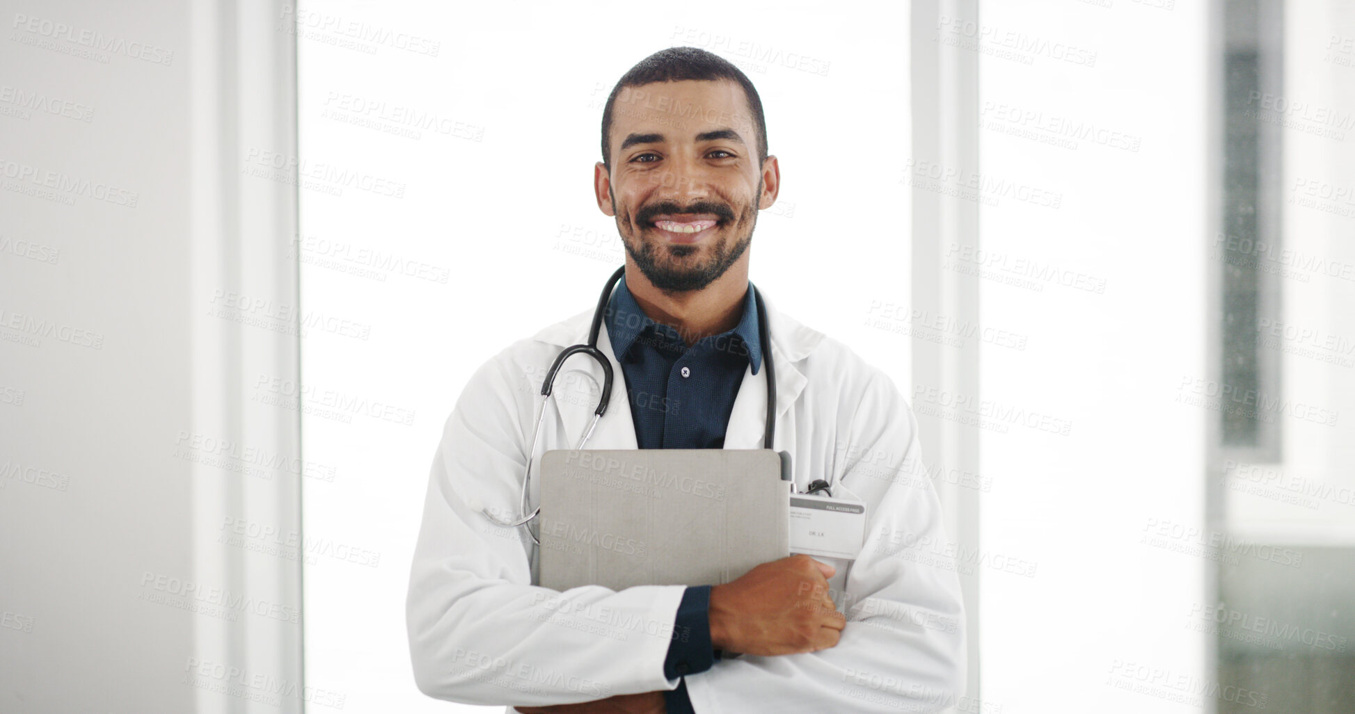 Buy stock photo Healthcare, portrait and doctor with tablet, hospital and man with diagnosis for sickness and smile. Clinic, medical professional and person with app for prescription, info or research for medication