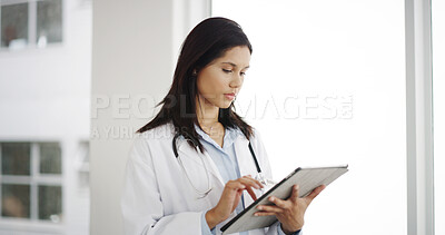 Buy stock photo Healthcare, serious and doctor with tablet, hospital and woman with diagnosis for cure and browsing. Clinic, medical professional and person with app for prescription, online and research for info