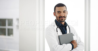 Buy stock photo Hospital, portrait and doctor with tablet, confident and man with diagnosis for sickness and smile. Clinic, medical professional and person with app for prescription, space or research for healthcare