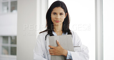 Buy stock photo Healthcare, portrait and doctor in clinic, proud and serious to help with science and wellness. Hospital, medical professional and person with confidence for woman in health career and tablet in USA