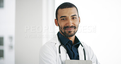 Buy stock photo Portrait, proud and doctor in hospital, smile and man with confidence for career, oncologist and happy. Clinic, medical professional and person with help, space and service for healthcare in USA
