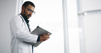 Buy stock photo Healthcare, reading and doctor with tablet, hospital and man with diagnosis for sickness and thinking. Clinic, medical professional and person with app for prescription, space and research for cure