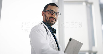 Buy stock photo Clinic, smile and doctor with tablet, portrait and man with diagnosis for cure, low angle and space. Healthcare, medical professional and person with info for prescription, below and research in USA
