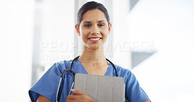 Buy stock photo Doctor, woman and portrait with tablet in clinic for medical service, telehealth and healthcare support. Professional, cardiologist and space with digital app for hospital report and online diagnosis