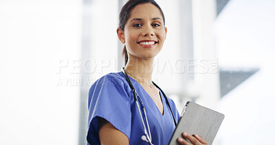 Buy stock photo Portrait, woman doctor and smile with tablet in clinic for medical service, telehealth and healthcare support. Cardiology, space and person with digital app for hospital report and online treatment