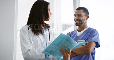 Buy stock photo Healthcare, doctors and paper in hospital for discussion, patient folder or medicine schedule. Woman, man nurse and document in clinic for medical report, information results and surgery feedback