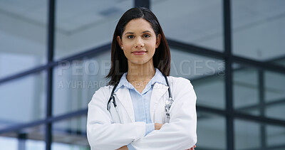 Buy stock photo Portrait, doctor and woman with arms crossed in healthcare, medical support and professional career. Hospital, female person and surgeon with smile for confidence, wellness service and about us pride