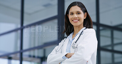 Buy stock photo Healthcare, doctor and woman with arms crossed in portrait, medical support and professional career. Hospital, female person and surgeon with smile for confidence, wellness service and about us pride