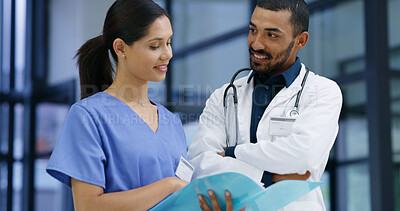 Buy stock photo Healthcare, doctors and folder in hospital for discussion, patient chart or medicine schedule. Man, woman nurse and document in clinic for medical report, information results and surgery feedback