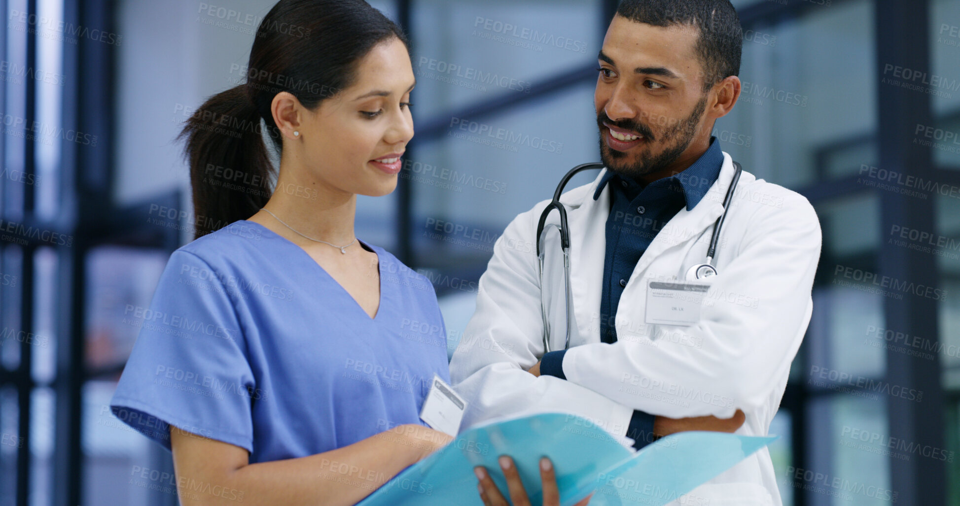 Buy stock photo Healthcare, doctors and folder in hospital for discussion, patient chart or medicine schedule. Man, woman nurse and document in clinic for medical report, information results and surgery feedback