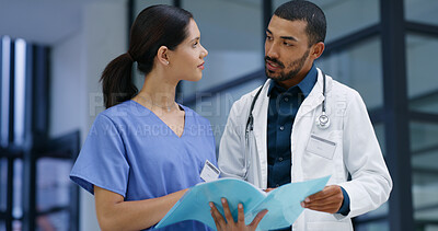Buy stock photo Healthcare, doctors and talking in hospital with folder, patient chart and medicine schedule. Cardiologist, woman nurse and document in clinic lobby for medical report, results and surgery feedback