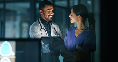 Buy stock photo Healthcare, doctor and nurse with tablet in clinic for medical research, patient record review or discussion. Night, medicine team or happy with digital app for health information or diagnosis result