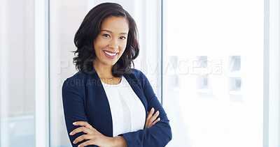 Buy stock photo Happy, career and portrait of businesswoman in office with confidence for legal job growth. Smile, pride and female corporate attorney from Mexico with arms crossed for law case in workplace.