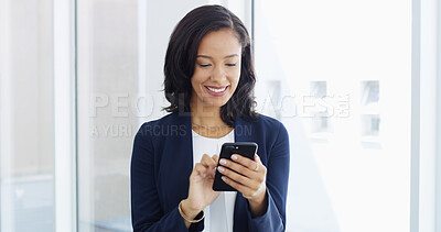 Buy stock photo Smile, business and woman with phone in office of communication, corporate email or proposal feedback. Female person, mobile and texting for insurance update, investment contact and schedule reminder