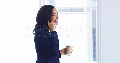 Buy stock photo Woman, phone call and worker talking in office, lawyer negotiation and online for case advice. Female person, attorney and coffee for discussion on justice, legal planning and networking for law