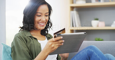 Buy stock photo Woman, tablet and credit card in home to buy, finance and website for online shopping on couch. Female person, ecommerce and code for payment or purchase, sofa and app for banking or budget on tech