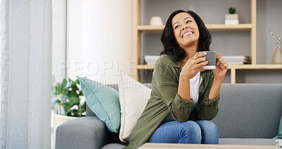 Buy stock photo Relax, laugh and woman on sofa with coffee, inspiration and calm morning in living room of home. Break, peace and happy girl on couch with drink, tea and fun ideas for weekend planning in apartment.