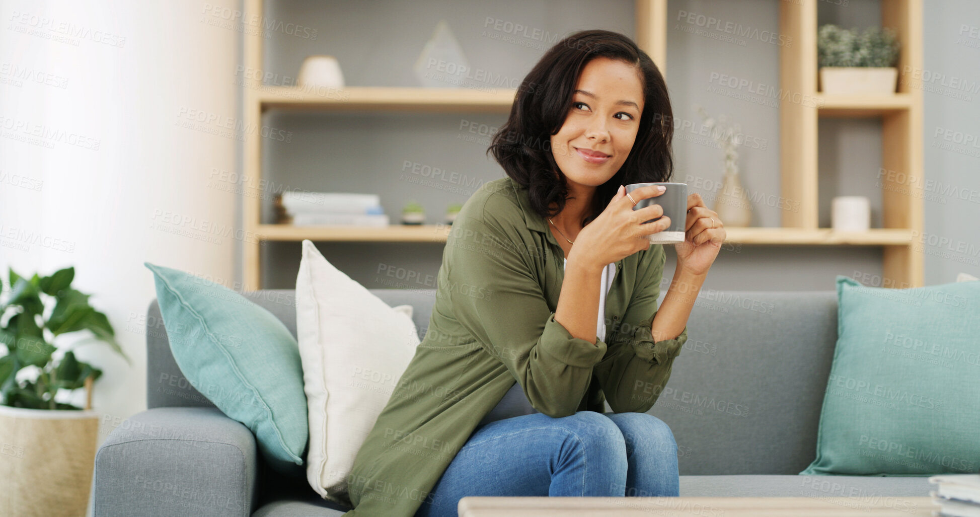 Buy stock photo Relax, thinking and woman on couch with coffee, inspiration and calm morning in living room of home. Break, peace and happy girl on sofa with drink, tea and ideas for weekend planning in apartment 