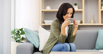 Buy stock photo Relax, thinking and woman on sofa with coffee, inspiration and calm morning in living room of home. Break, peace and happy girl on couch with drink, tea and ideas for weekend planning in apartment 