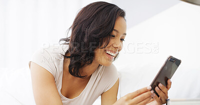 Buy stock photo Online, browsing and woman with smartphone, laughing and funny videos on social media, relax and break. House, scroll and entertainment for person with app, digital and comfortable on weekend