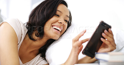 Buy stock photo Happy, browsing and woman with smartphone, laughing and funny videos on social media, relax and online. House, scroll and entertainment for African person with app, digital and comfortable in weekend