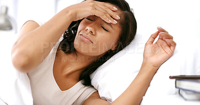 Buy stock photo Woman, fatigue and headache in bed with stress, pain and hungover in morning. Tired, person and migraine in bedroom with tension, vertigo and dizzy in home with discomfort, sick and health crisis
