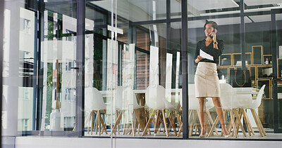 Buy stock photo Phone call, paperwork and business woman in office for contact, online chat and communication. Professional, corporate and person with documents and smartphone for talking, networking and connection