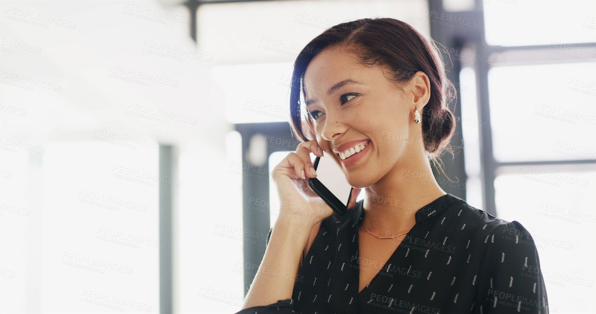 Buy stock photo Phone call, smile and businesswoman in office with communication for finance negotiation. Happy, contact and female financial analyst on mobile discussion with client for investment approval offer.