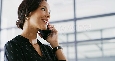 Buy stock photo Phone call, contact and businesswoman in office with communication for finance negotiation. Smile, happy and female financial analyst on mobile discussion with client for investment approval offer.