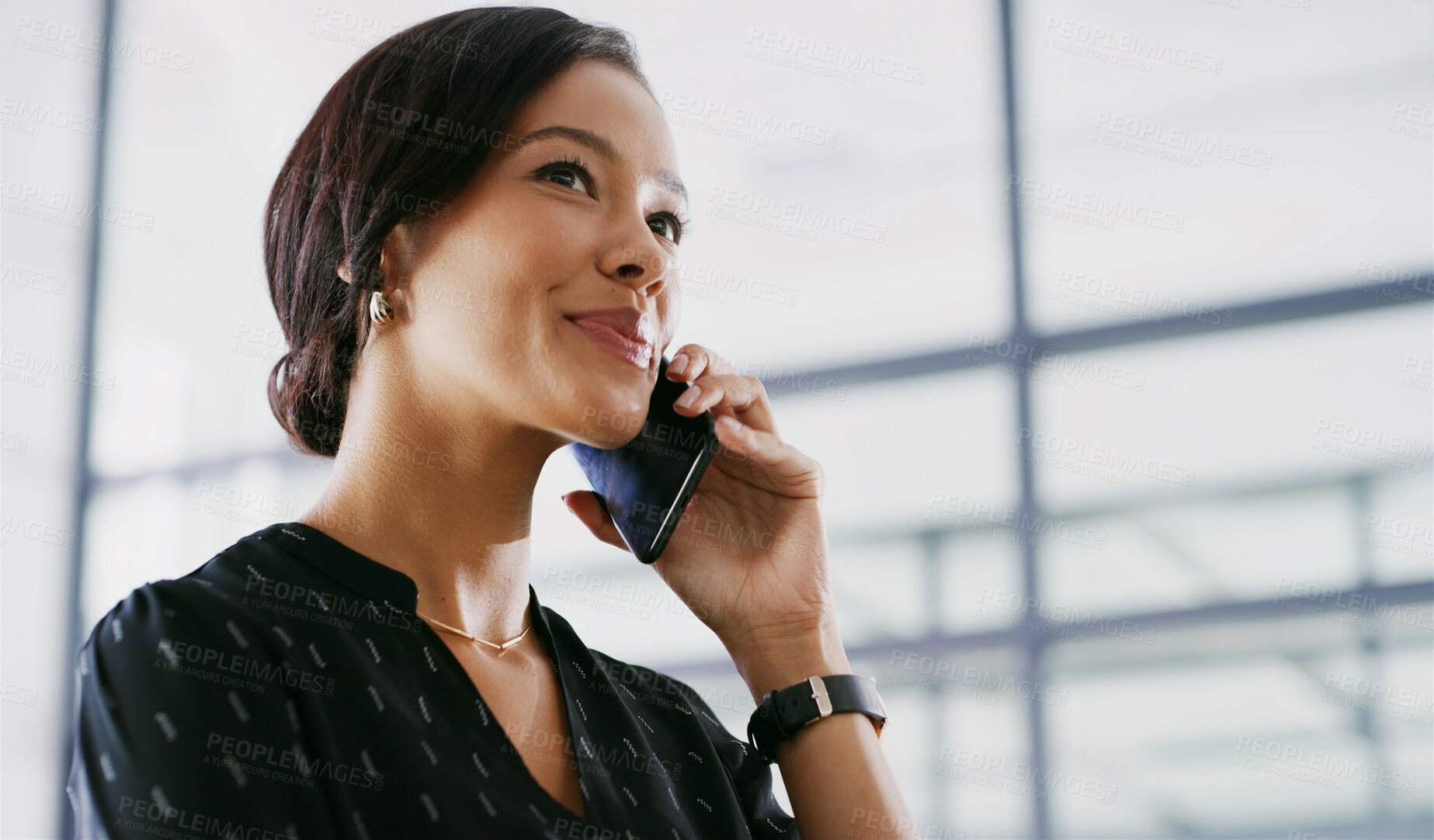 Buy stock photo Phone call, offer and businesswoman in office with communication for finance negotiation. Smile, contact and female financial analyst on mobile discussion with client for investment approval.
