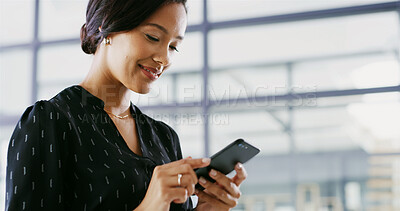 Buy stock photo Happy, business and woman with phone in office for communication, corporate email and proposal. Female person, mobile and texting app with insurance update, investment contact and schedule feedback