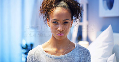Buy stock photo Awake, night and portrait of woman in bedroom of home with chronic sleeping disorder or insomnia. Evening, sleepless and unhappy with person in apartment for break, resting or weekend time off