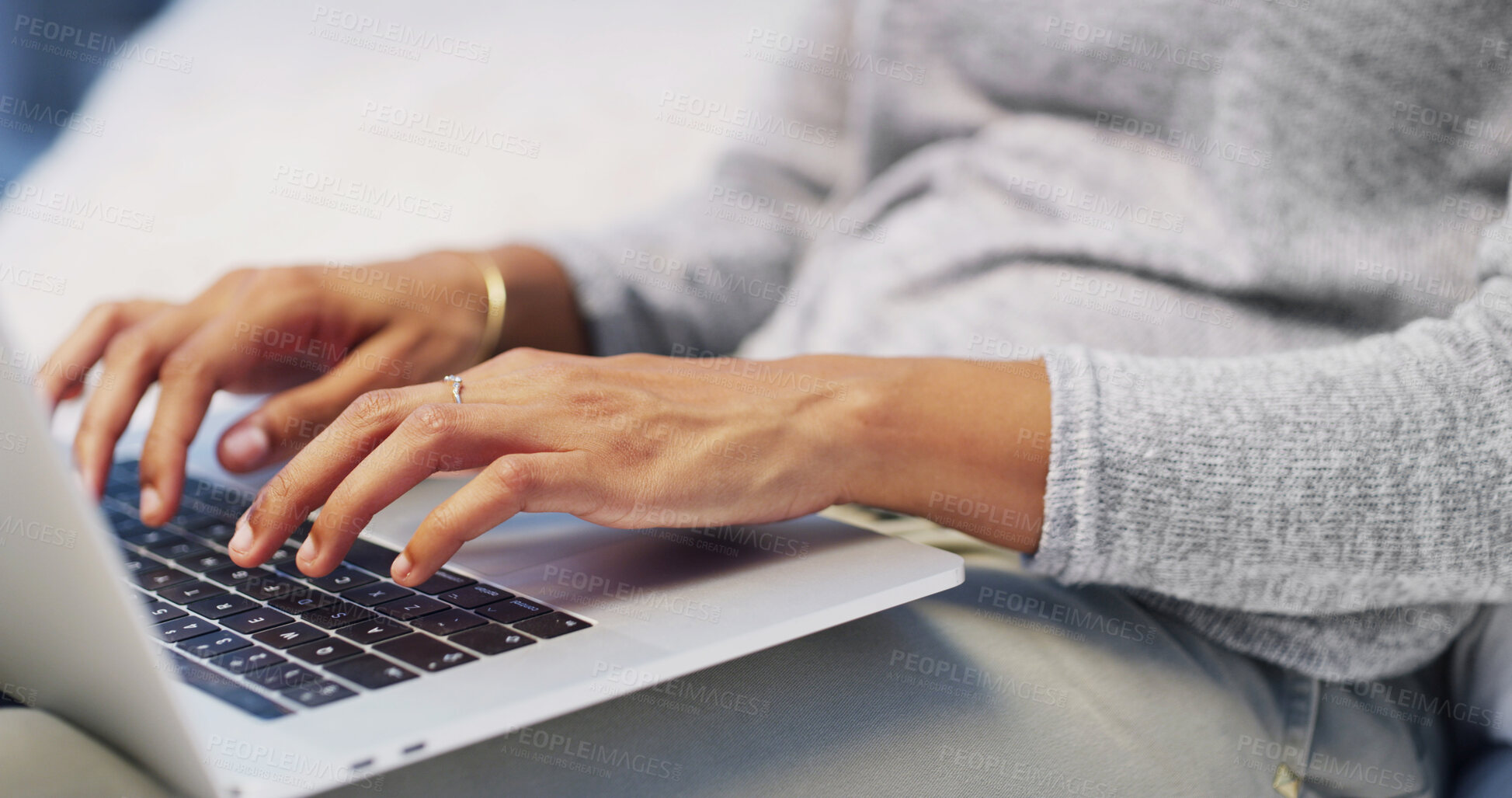 Buy stock photo Remote work, woman and hands on laptop for typing, editing and creative writing in home. Freelance editor, tech and online in bed for feedback, article brainstorming or upload latest blog on platform