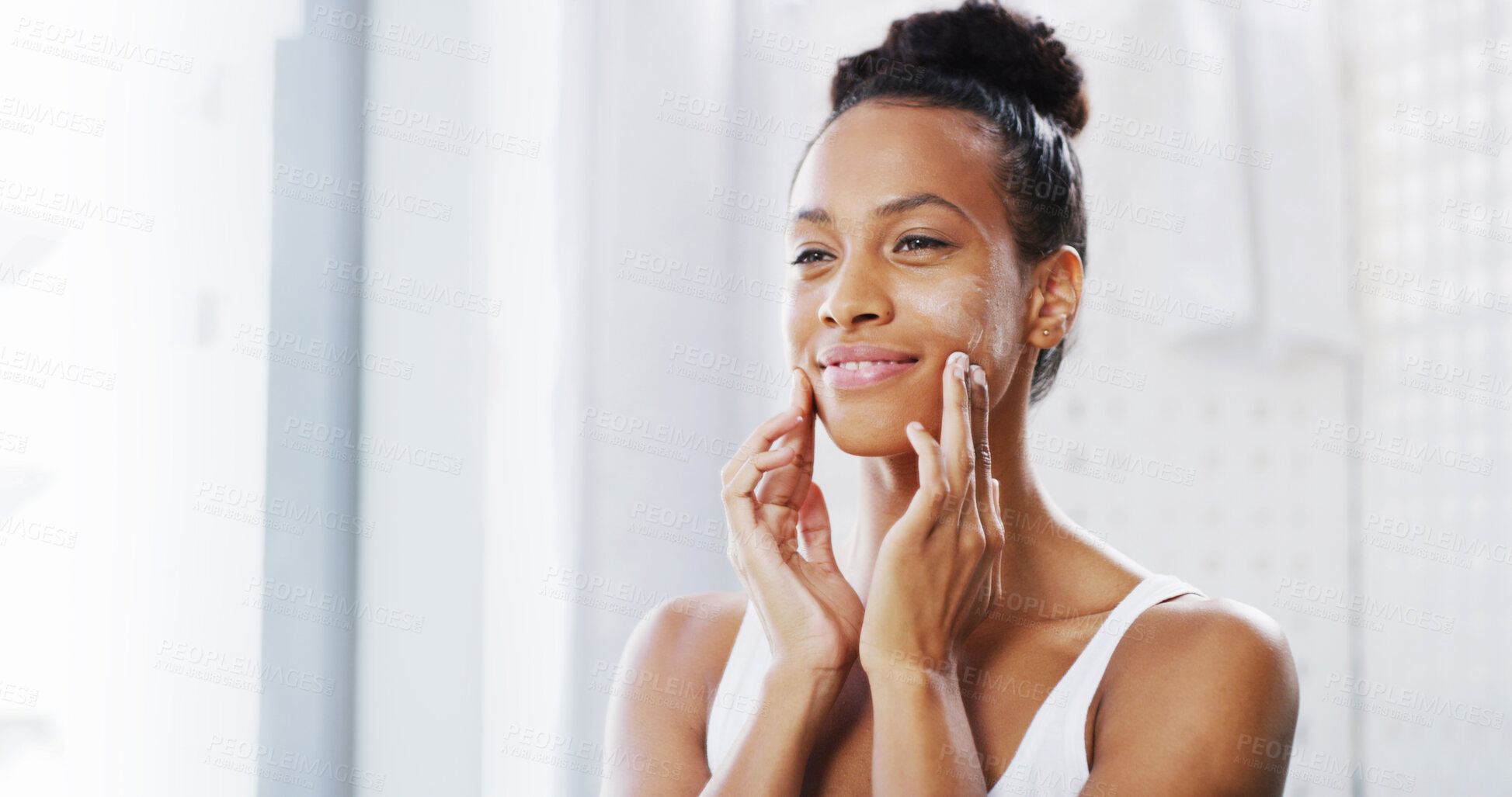 Buy stock photo Beauty, happy woman and skincare cream in bathroom for glow, dermatology and morning routine. Facial lotion, moisturizer and girl apply cosmetics for face treatment, hydration and aesthetic in home