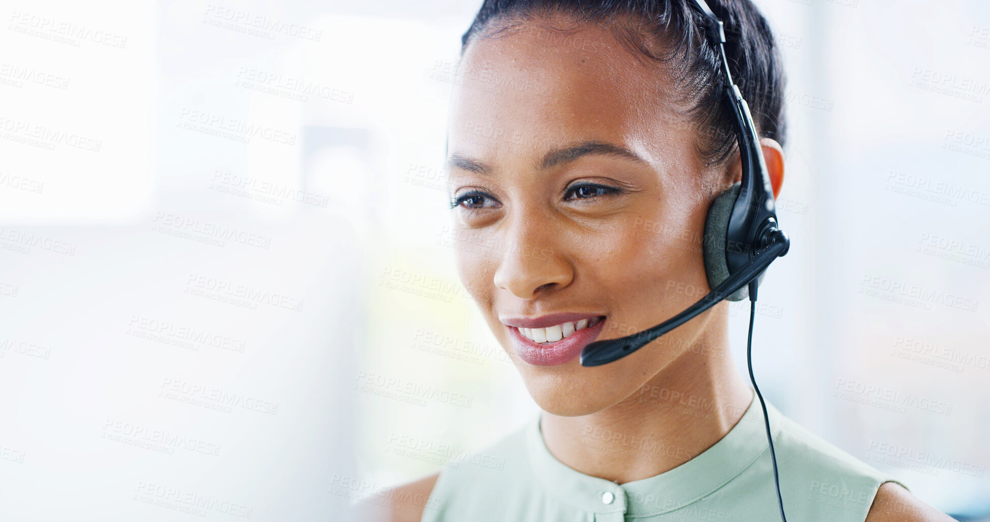 Buy stock photo Computer, business or happy woman in call center for consulting client, online help or loan advice. Financial consultant, CRM or agent talking for insurance sales service, support or communication