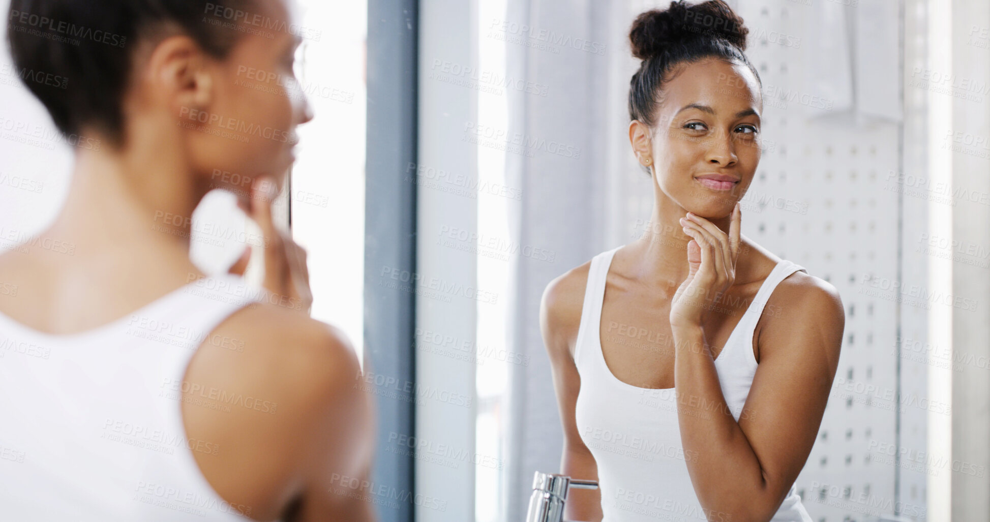 Buy stock photo Confidence, woman and skincare in home mirror with anti aging treatment results, glowing skin and natural beauty. Reflection, person and satisfaction with face hydration, wellness and morning routine