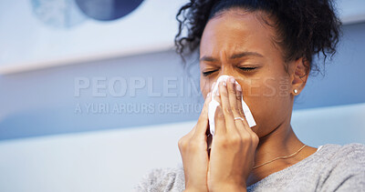 Buy stock photo Blowing nose, sneeze and tissue with woman in bedroom of home for allergy reaction or symptoms. Sickness, sinus and virus with African person in apartment for cold or flu infection and recovery