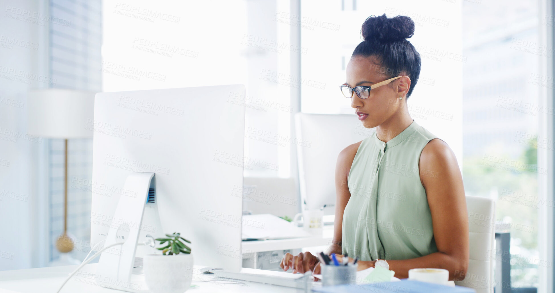 Buy stock photo Accountant, research or businesswoman on computer in office for accounting online or profit evaluation. Budget, growth or financial advisor with technology for company revenue, payroll or investment