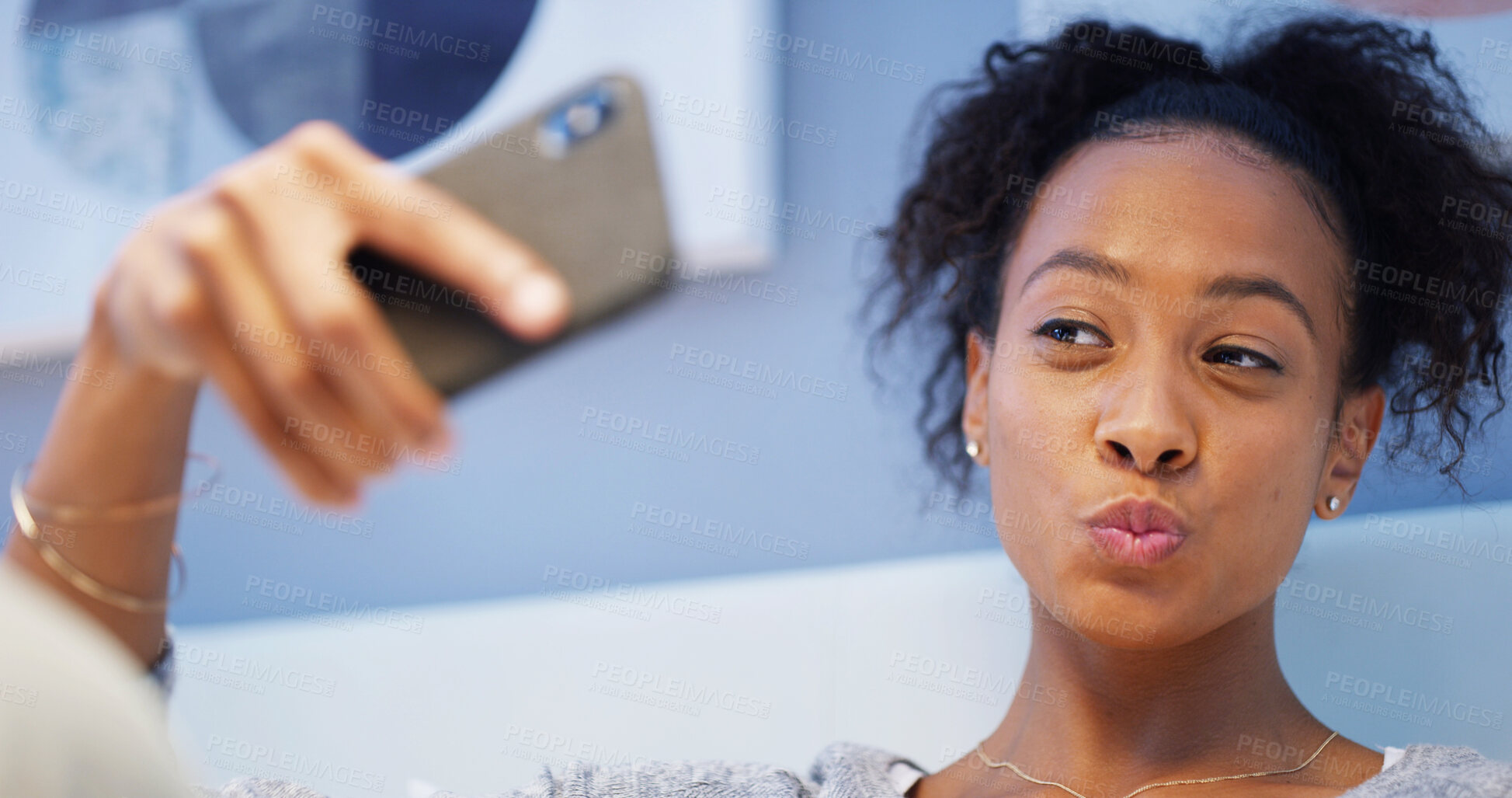 Buy stock photo Home, girl and kiss with selfie in bedroom for social media post, profile picture update and memory. Woman influencer, photography and pouting in apartment with relax, flirting and video call