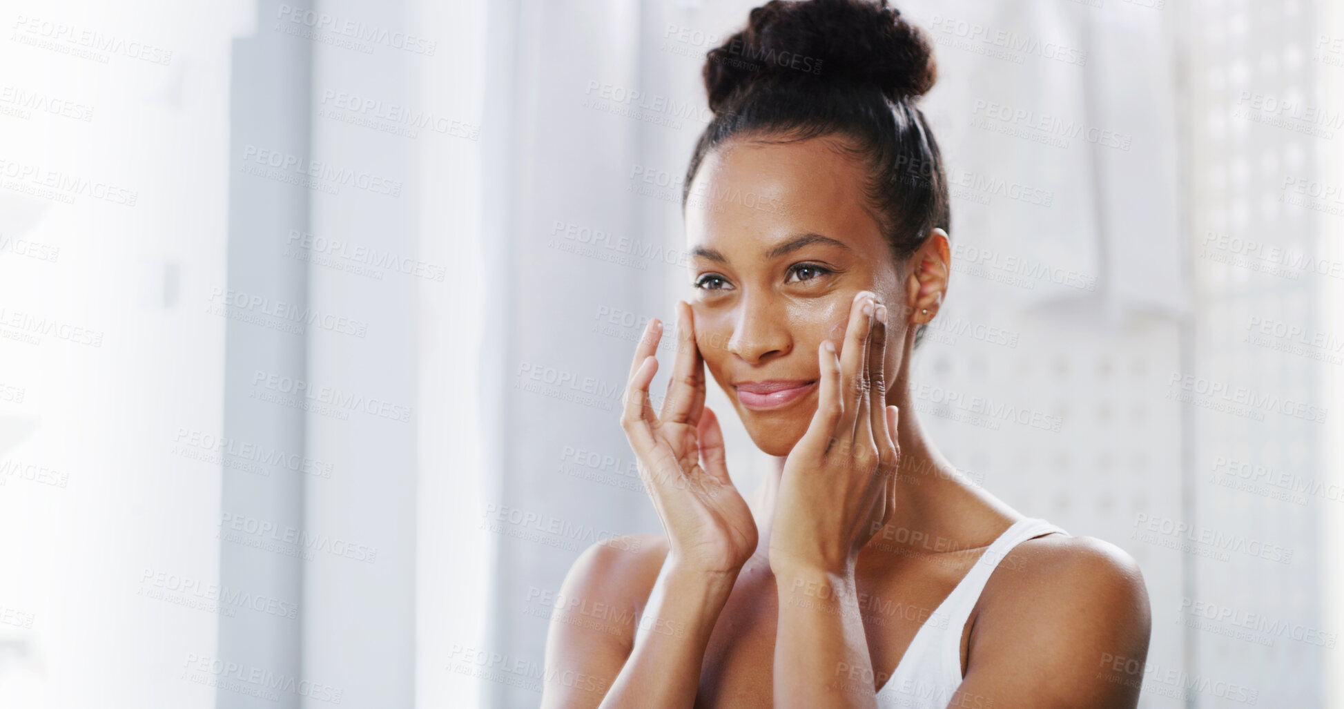 Buy stock photo Face, woman and skincare cream in bathroom for glow, dermatology and morning routine for beauty. Facial lotion, moisturizer and girl apply cosmetics for treatment, sunscreen and aesthetic in home