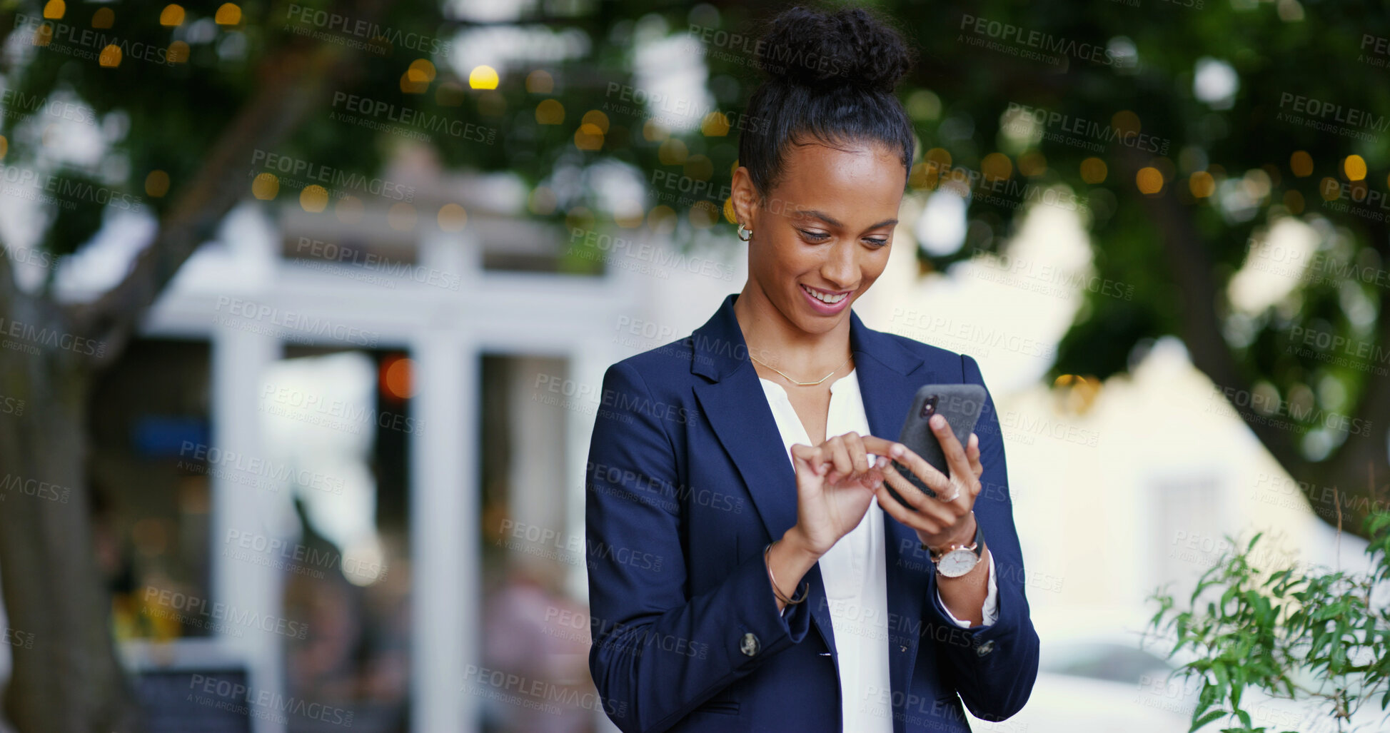 Buy stock photo Business, woman and typing with phone in city for communication, social media and morning commute. Smile, person and mobile app with texting, schedule update and reading news of urban travel location