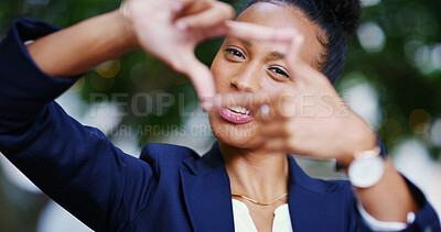 Buy stock photo Portrait, business and woman for finger frame in city of corporate photography, profile picture and creative. Proud, gesture and perspective for morning commute, career ambition and lawyer experience