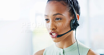 Buy stock photo Finance, headset or woman in call center talking for consulting client, online help or business loan advice. Financial consultant, CRM or agent speaking for insurance service or communication support